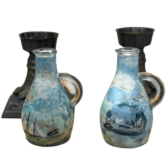 Upcycled Mid-Century Glass and Brass Candle Holders, Hand Painted & Decoupaged - Picture 9 of 16